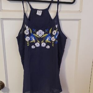 Antropology Blue Embellished Camisole with Floral Embroidery